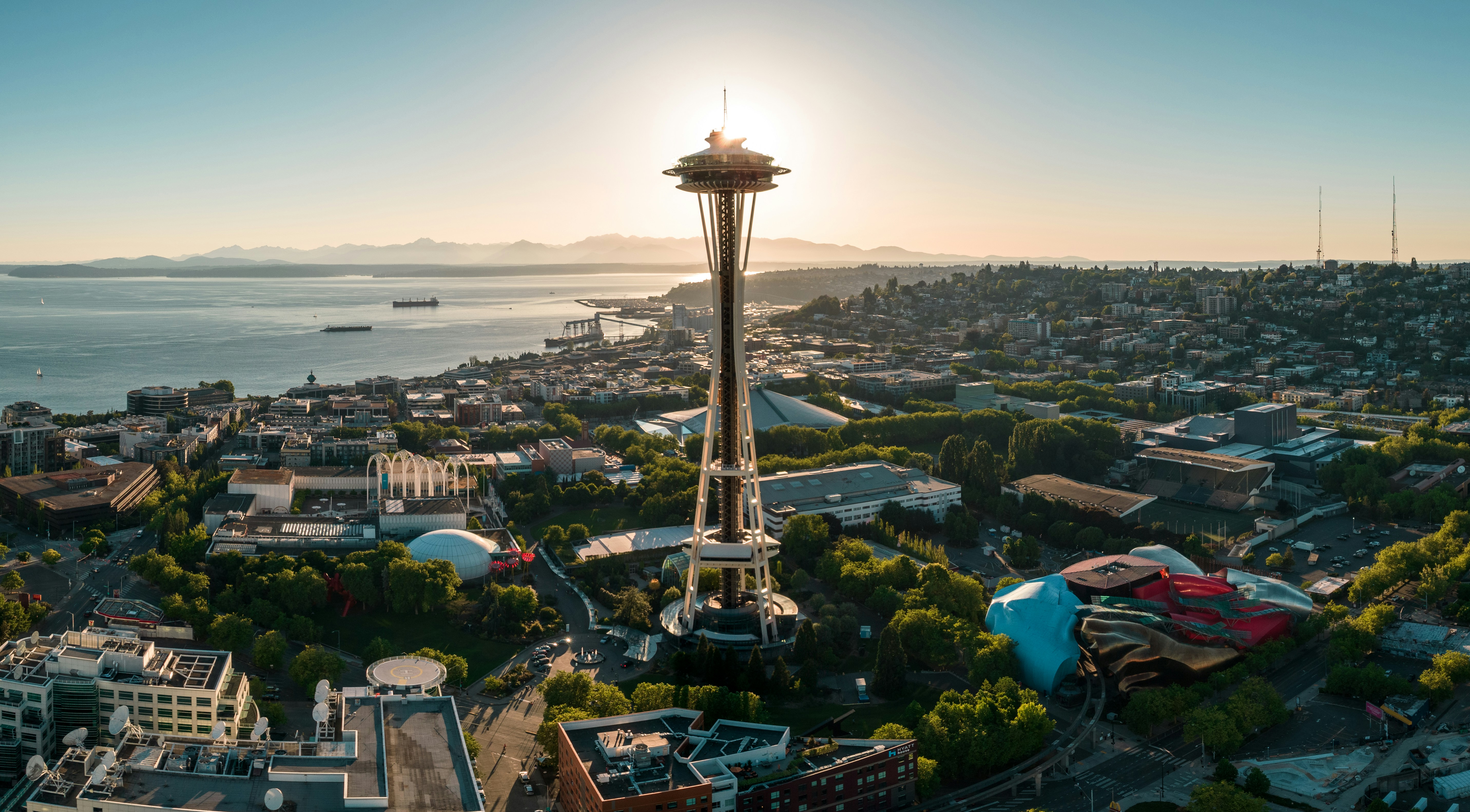 The Space Needle tower in Seattle against a blue sky